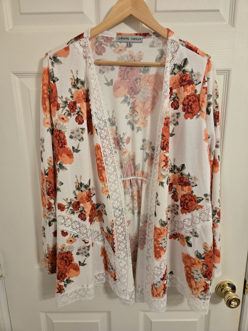 Absolutely Famous Floral Lace-Trim Open Front Cardigan White and Peach Size XL